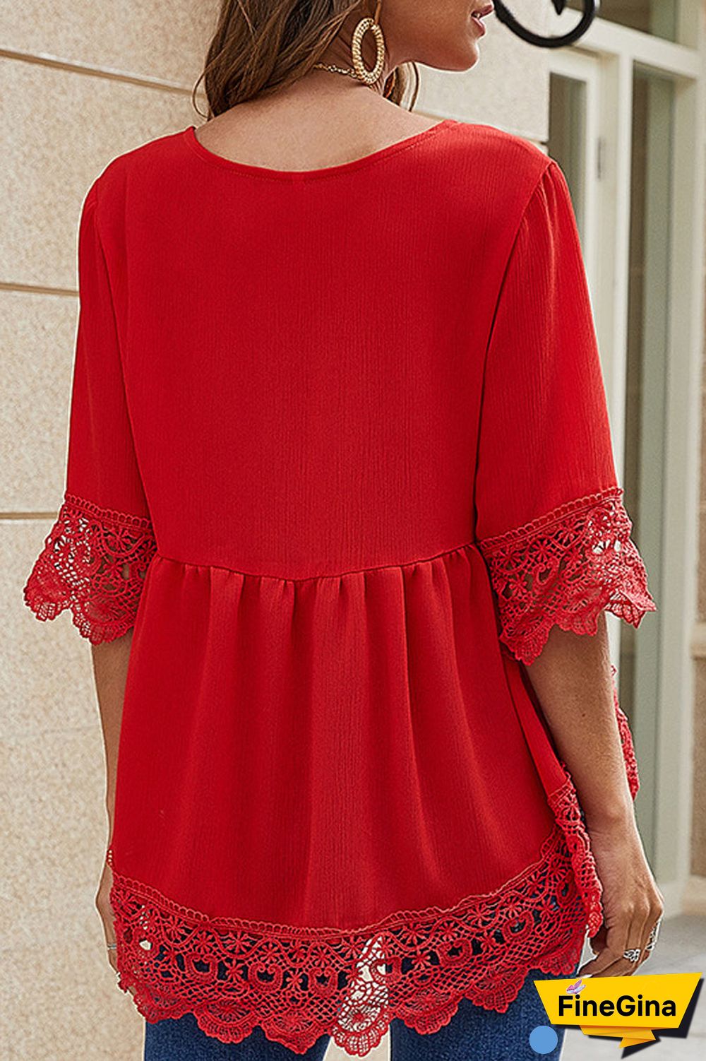Chiffon Lace Pierced V-Neck Blouse