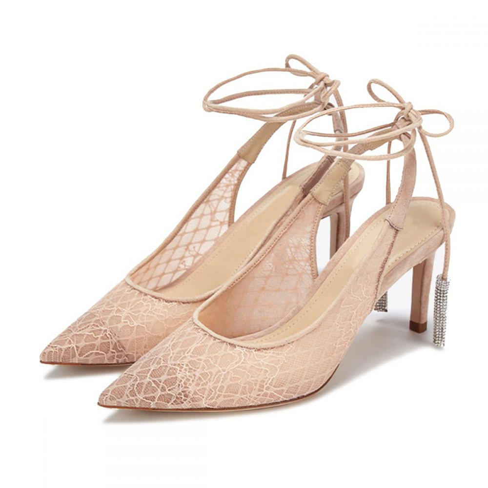 Elegant Nude Lace Pointed Toe Wrap Strap Pumps Heels with Tassels Nicepairs