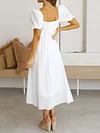 Solid Color Square-Neck Puff Sleeves Midi Dress