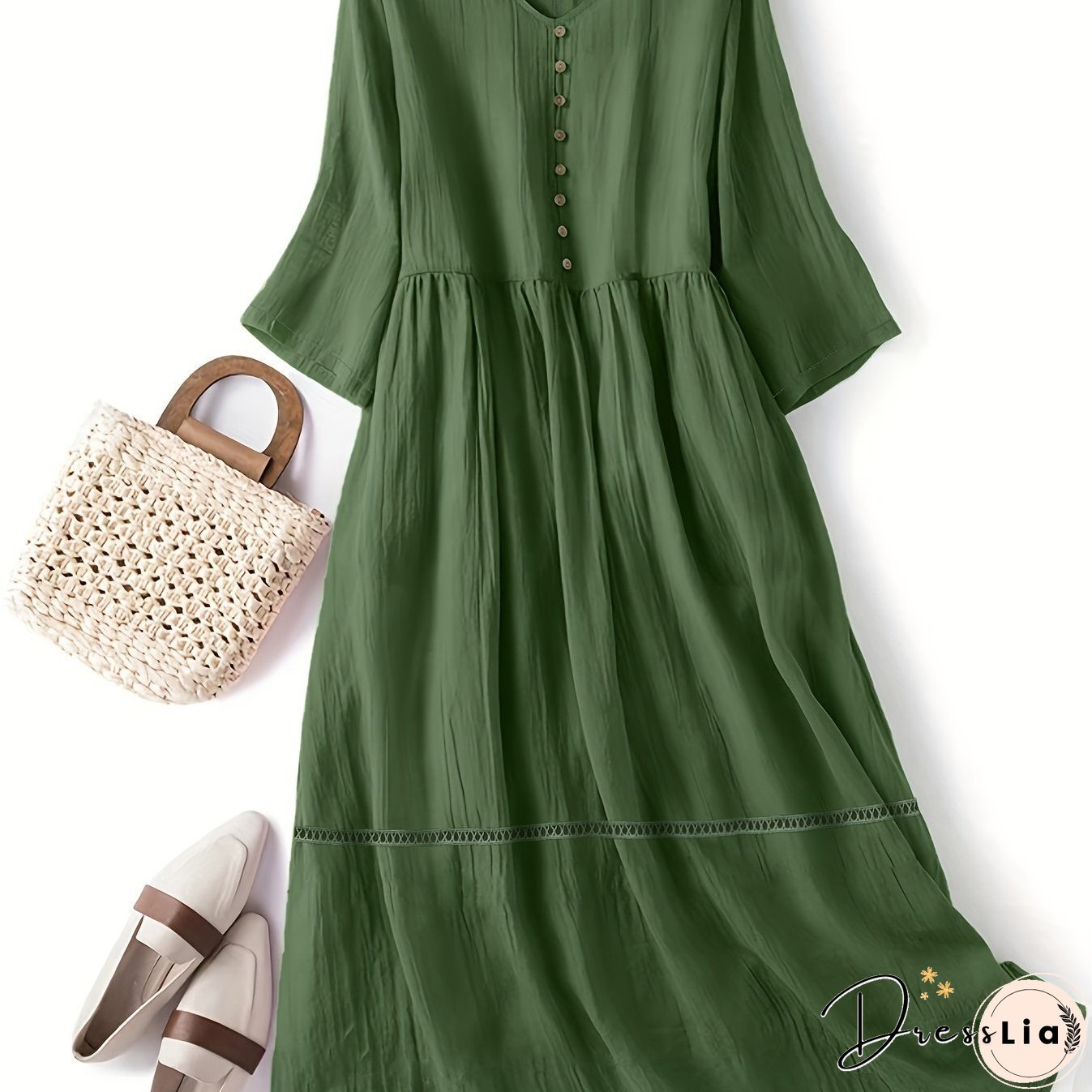 Plus Size Casual Dress, Women's Plus Solid Button Decor Long Sleeve V Neck Dress