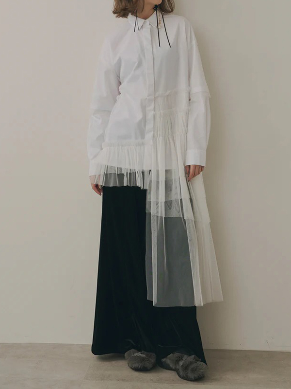 Loose Long Sleeve Patchwork Asymmetrical Mesh Blouses