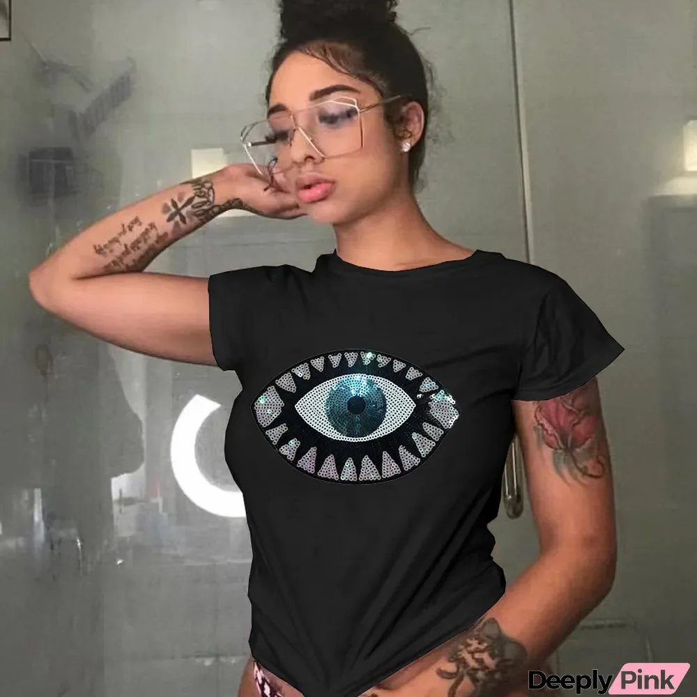 Women Round Neck Sequin Short Sleeve T-Shirt