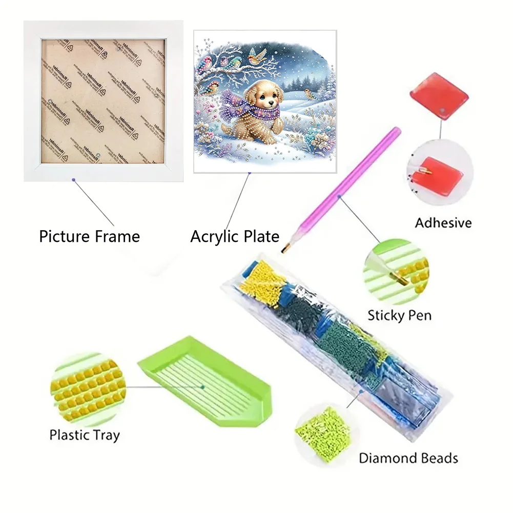 5D DIY Partial Special Shaped Drill Diamond Painting Kit Christmas Dog Decor(19.2*19.2cm)【With Frame】