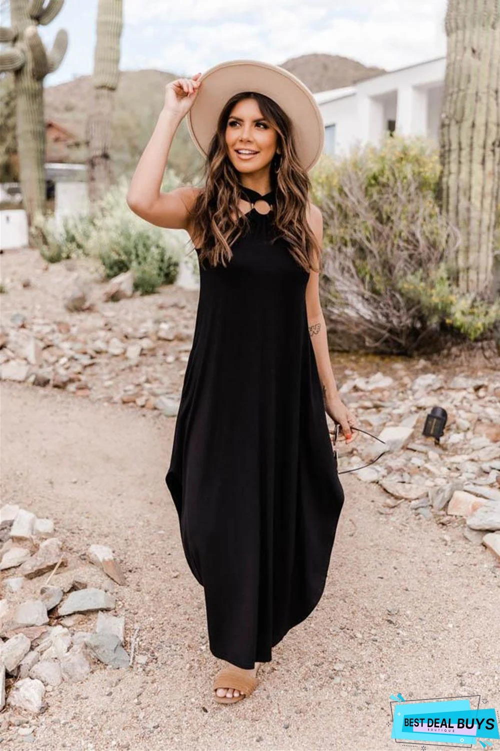 Off-The-Shoulder Casual and Comfortable Long Pocket Dress with Hanging Neck