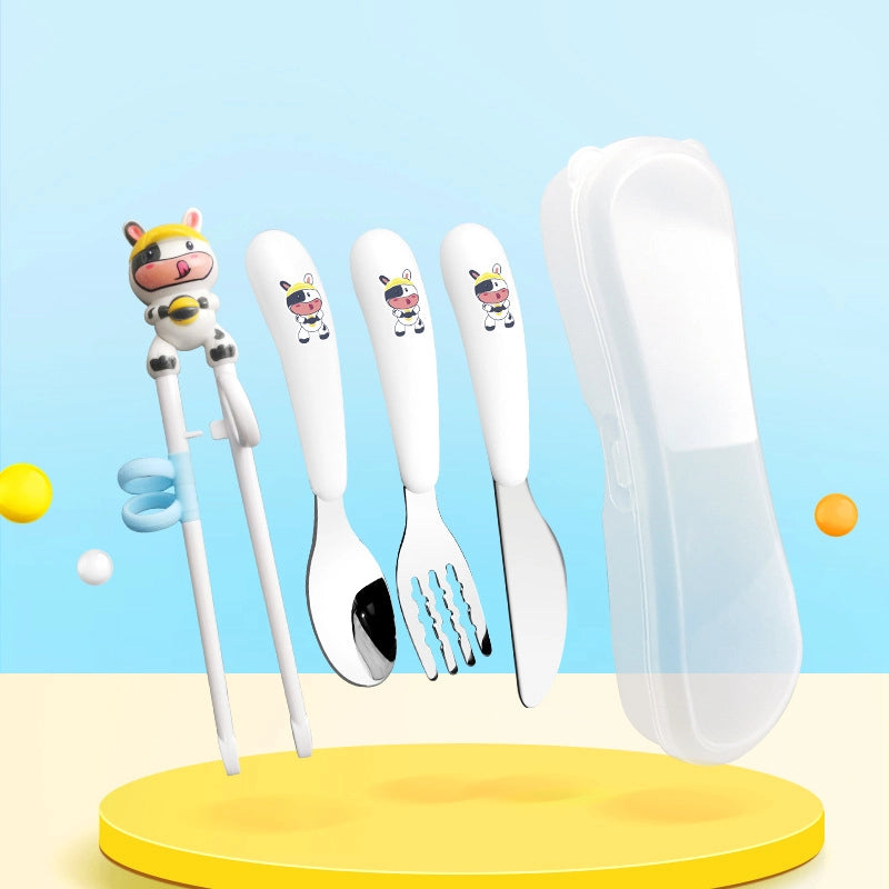 Maternal And Infant Products Portable Feeding Children’s Tableware Set Cartoon Learning Chopsticks Training Chopsticks 304 Stainless Steel Spoon Fork