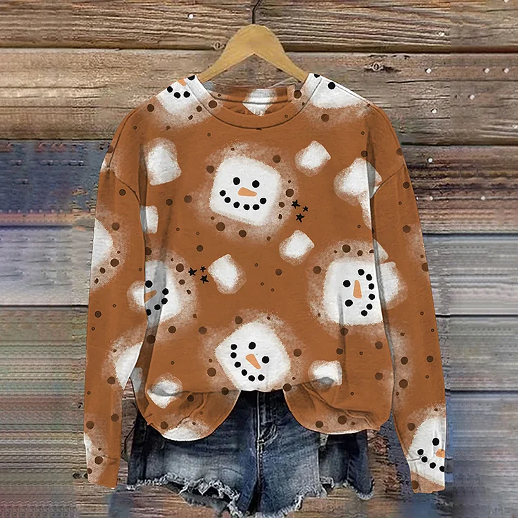 Christmas Cute Cocoa Marshmallow Snowman Print Casual Sweatshirt