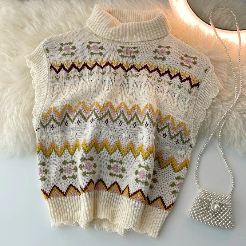 Croysier Turtleneck Sweater Women 2021 Bohemian Vintage Geometric Sleeveless Sweater Vest Scalloped Edge Knitted Pullover Jumper