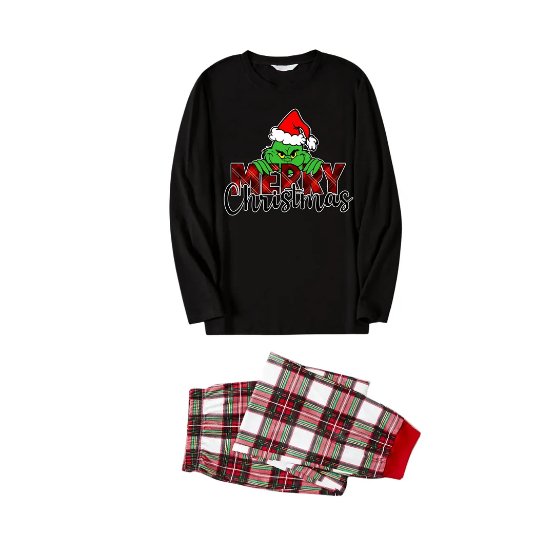 Christmas Cartoon and "Merry Christmas" Text Print Black Long Sleeve Top with Red & White & Green Plaid Family Matching Pajamas
