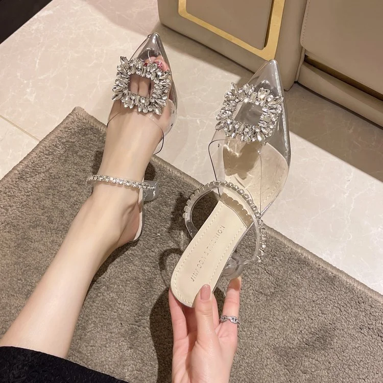 Churchf Churchf Summer New Style Pointed High Heel Fashion Wear Slippers Korean Version Of Rhinestone Pearl With Thin Heel Sandals