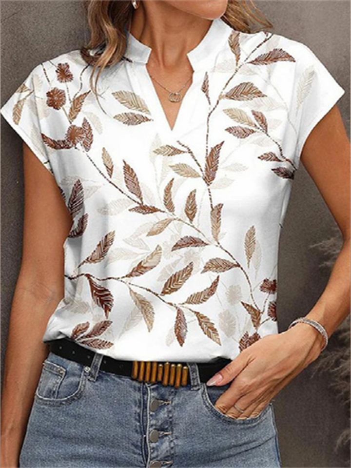 Explosive Summer French Fashion Leaf Print V-neck Loose Type Short-sleeved Temperament Commuter T-shirt Female Models