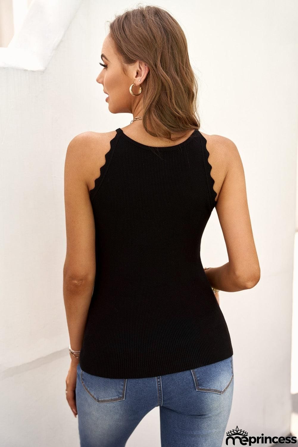 Scalloped Trim Ribbed Sleeveless Top