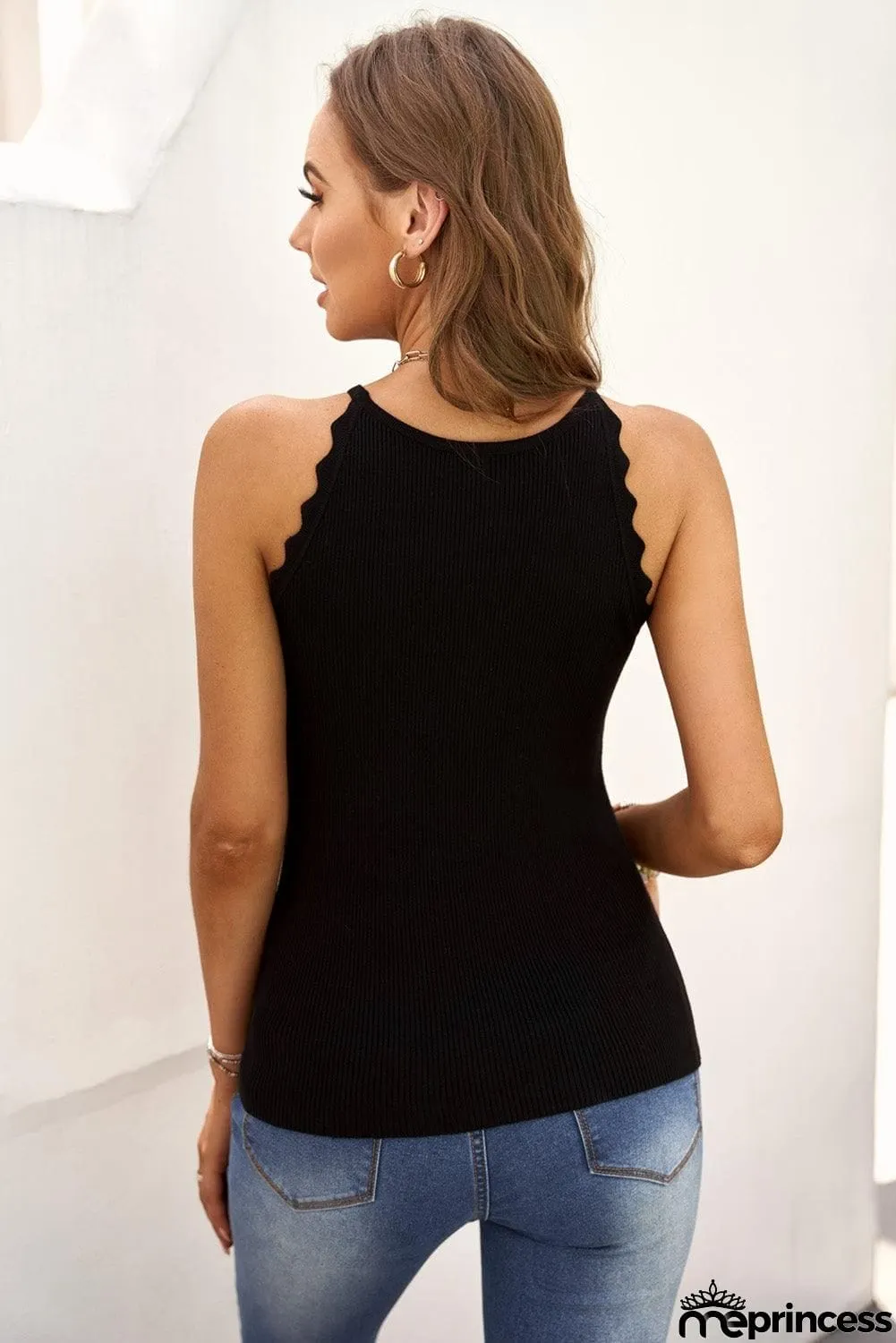 Scalloped Trim Ribbed Sleeveless Top