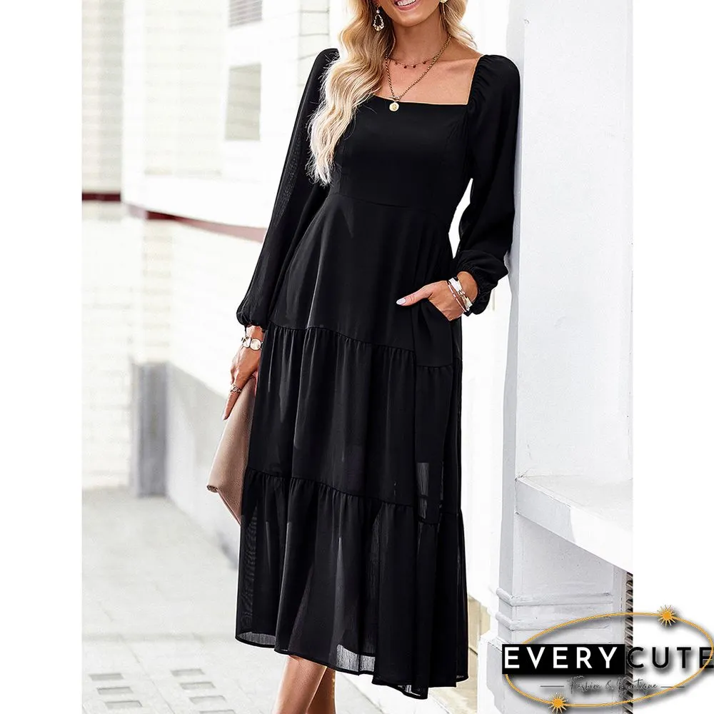 Black Solid Square Neck Pocket Long Sleeve Dress