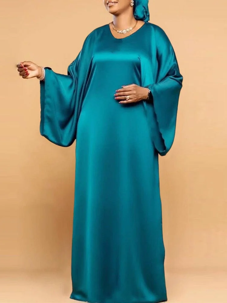 Glossy Horn Sleeve Solid Color V-neck Long Sleeve Maxi Dresses For Women SKUJ13081 QueenFunky