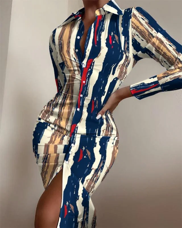 Women's shirt dress long sleeve sexy waist waist printed cardigan shirt