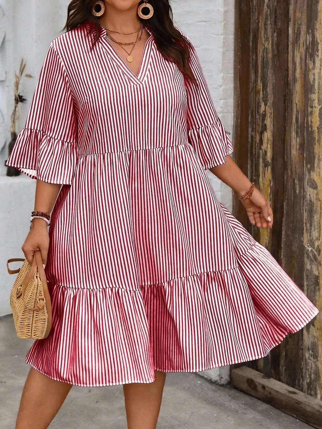 Uveng Uveng Large-Size Women's V-Neck Horn Sleeve Print Dress