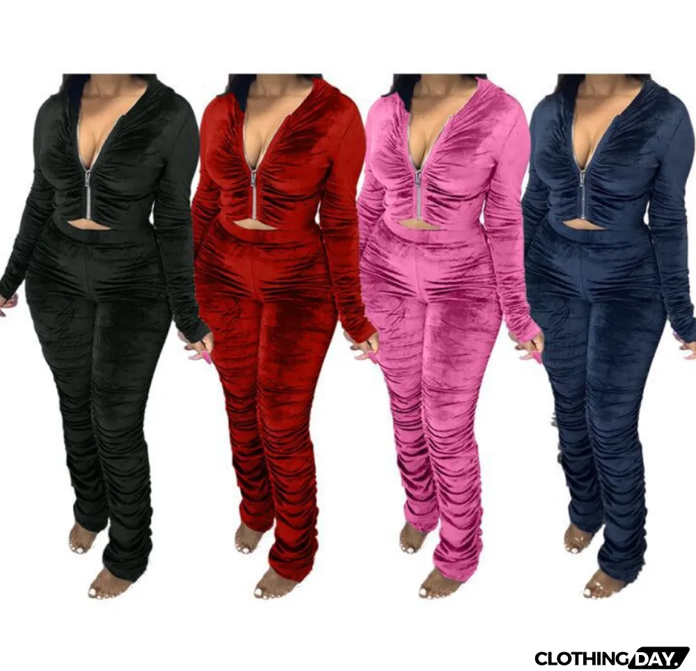 Velvet Pleated Zipper Hooded Jacket Skinny Pants Suit