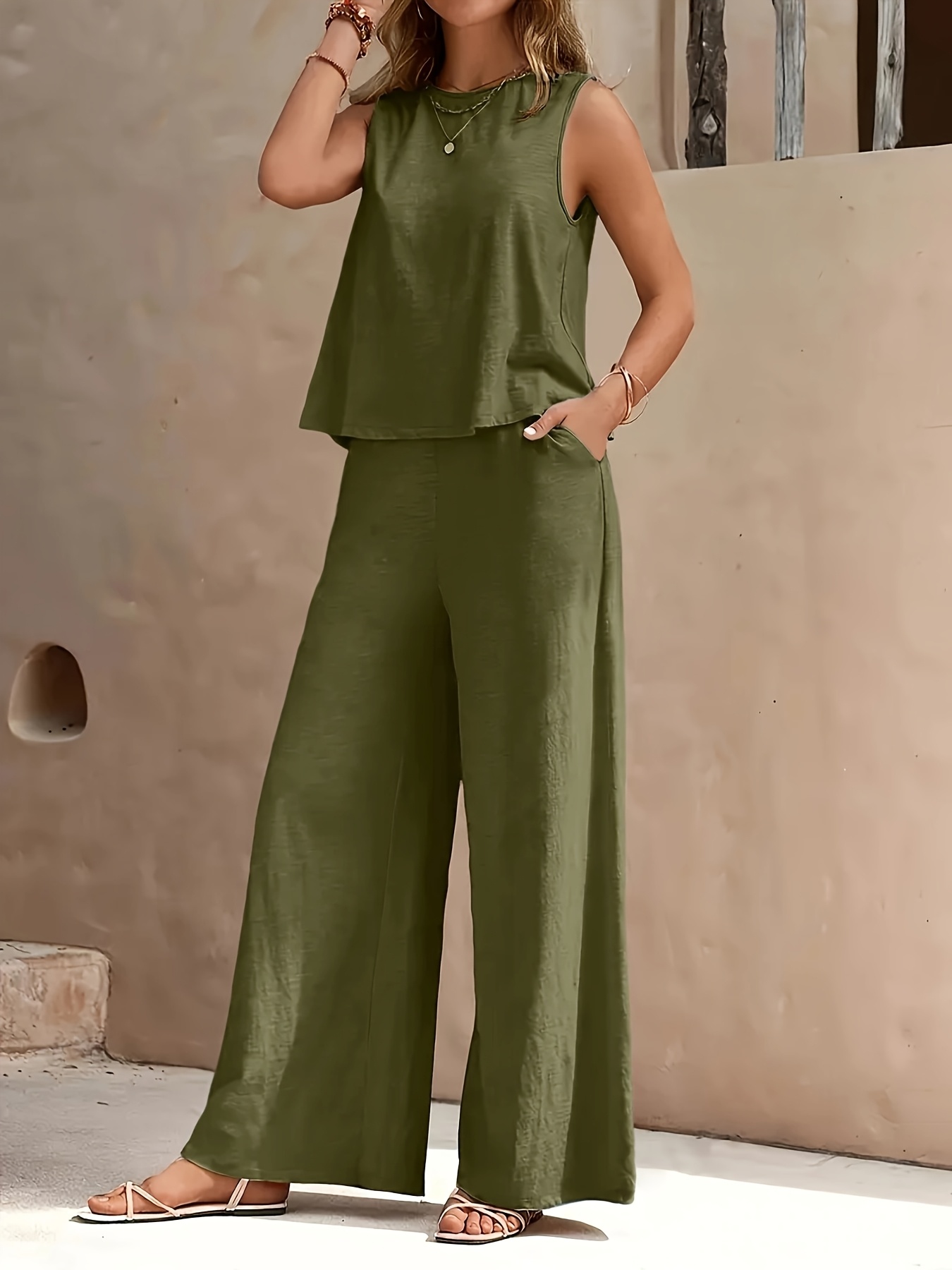 Women's Stylish Sleeveless Top And Wide-Leg Pants Set - Polyester Fabric, Solid Color, Suitable For Casual Wear In Spring And Summer | IFYHOME