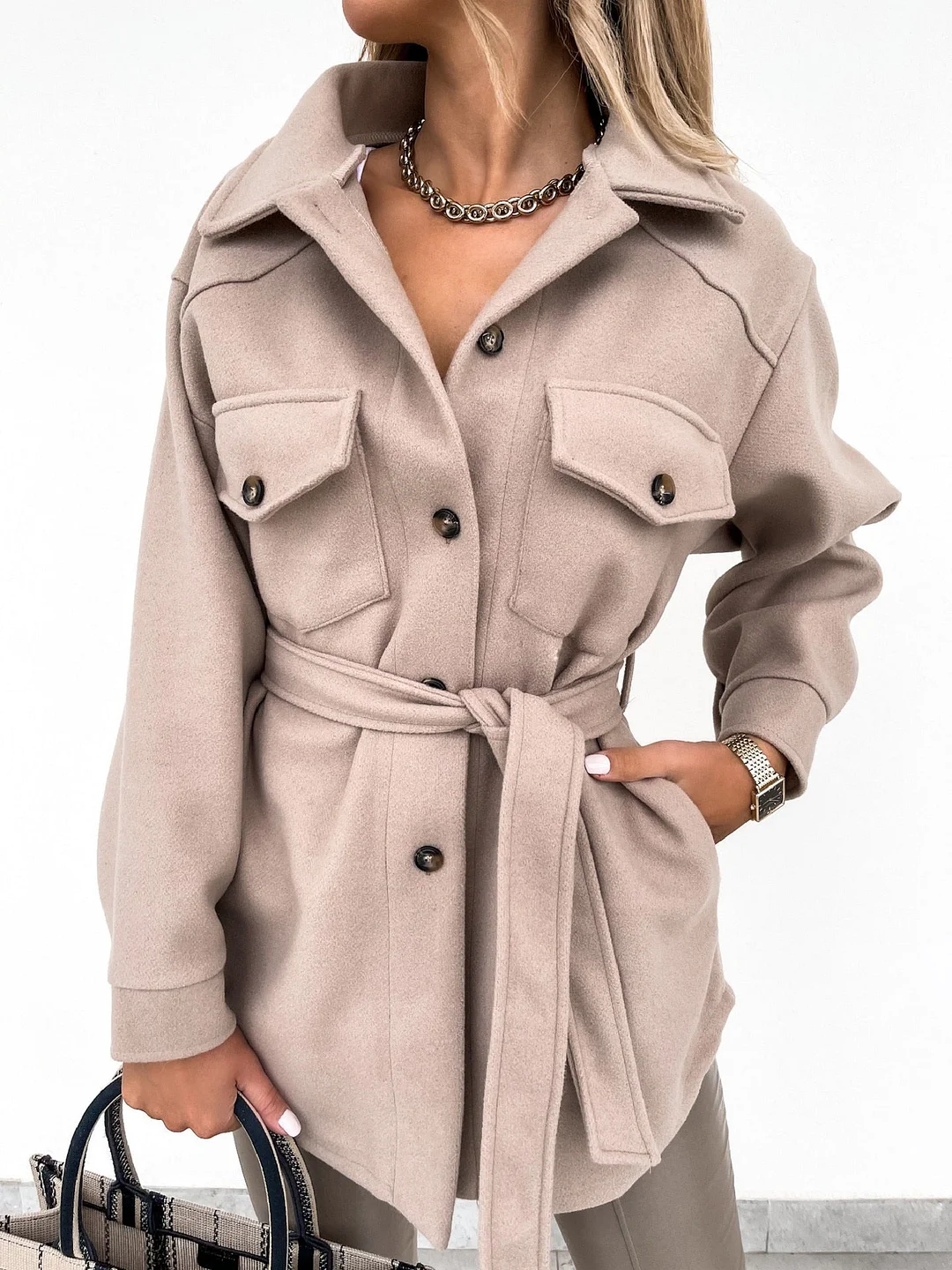 2021 fall/winter lapel single-breasted thick solid color shirt woolen loose coat women