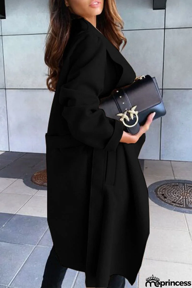 British Style Elegant Solid Bandage Turndown Collar Outerwear