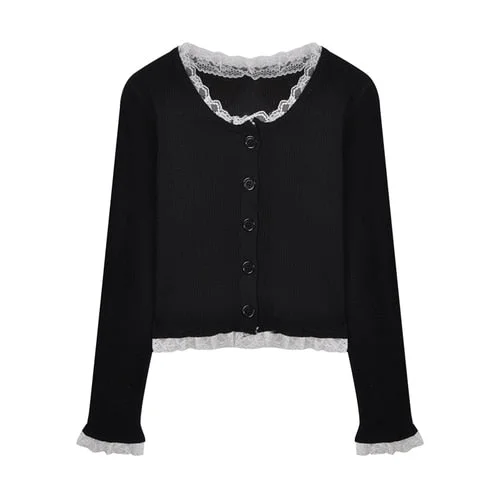 Y2K Lace Knit Cardigan Women's Summer Design French Bow Black Japanese Style Cardigan Long Sleeve Jacket