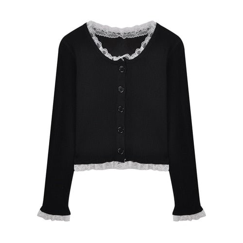 Y2K Lace Knit Cardigan Women's Summer Design French Bow Black Japanese Style Cardigan Long Sleeve Jacket