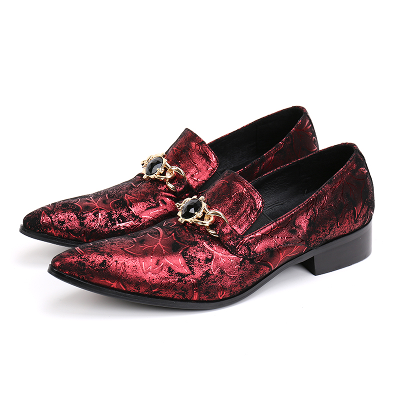 VCSHOES Men Genuine Leather Loafers Pointed Toe Man Red Wedding Dress Shoes Party Flat Shoes For Men