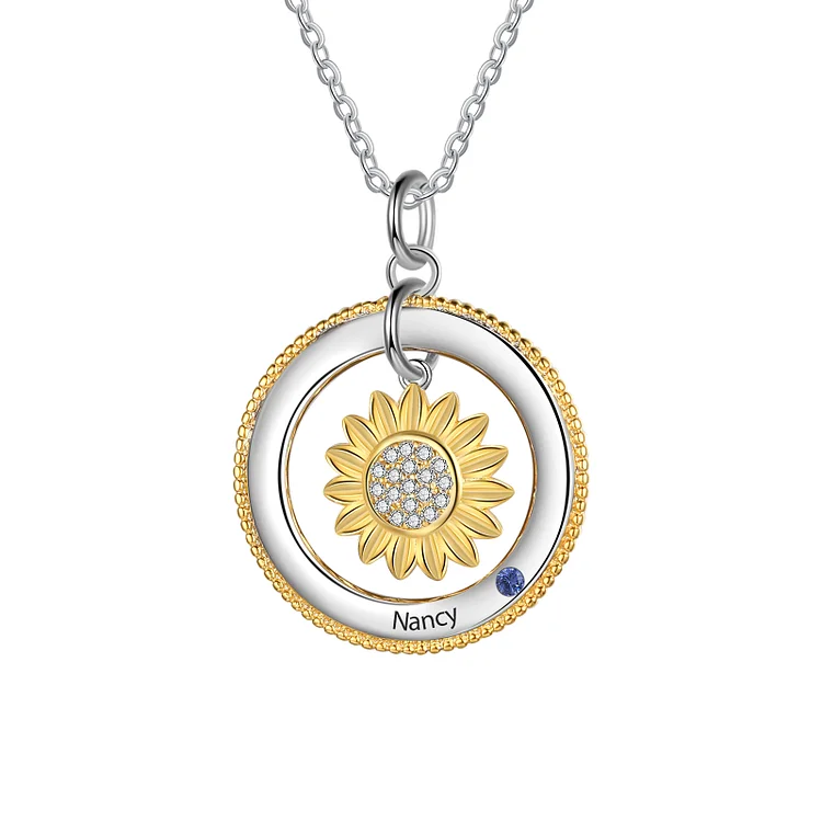 Personalized Sunflower Charm Necklace with 1 Birthstone for Her