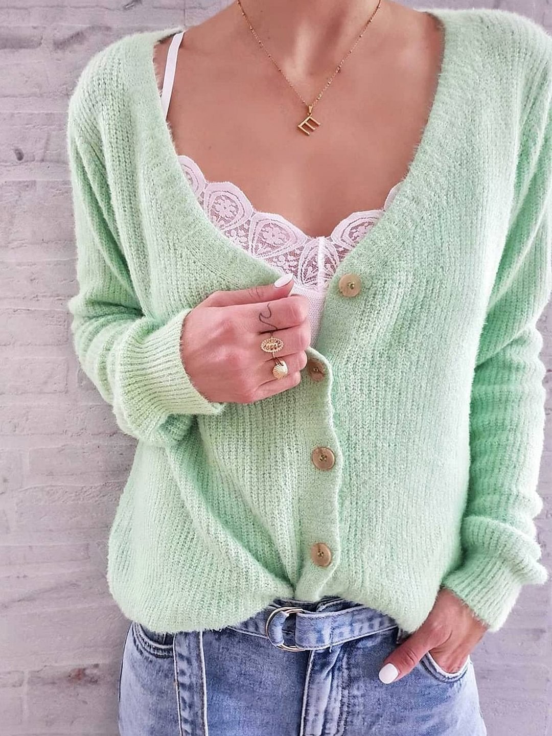 Plus Size Casual Long Sleeve Solid V Neck Knitted Sweater