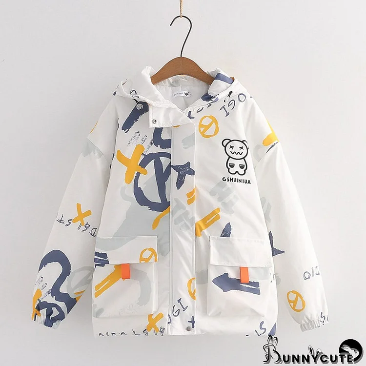 Cartoon Print Zipper Hooded Coat