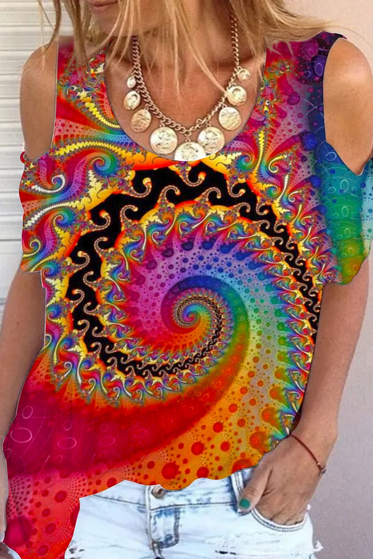 🔥kukelife🔥Mandala Tie Dye Spiral Print Cold Shoulder T-Shirt