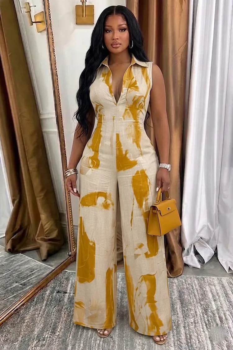 Sleeveless Abstract Print Wide Leg Linen Casual Jumpsuit-Orange