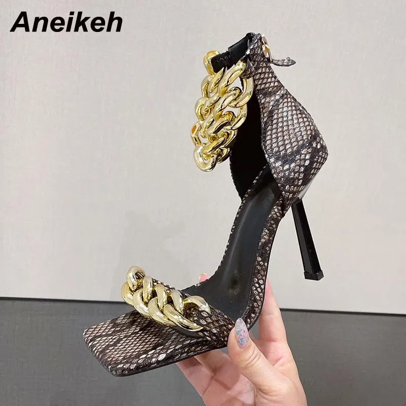Aneikeh Summer Women Shoes 2021 Patent Leather Party Metal Decoration PU Ankle-Wrap Fashion Sandalias Leopard Shallow ZIP Solid