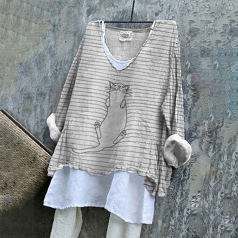 Women's Japanese Art Stripes Cat Loose Casual Shirt elevenforest