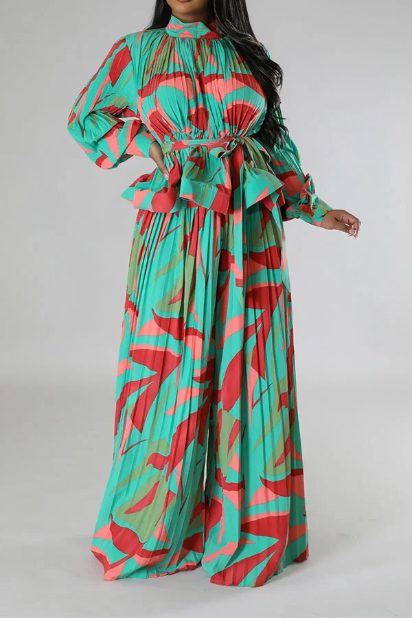 Leaf Print Tropical Lace-Up Peplum Pant Suit