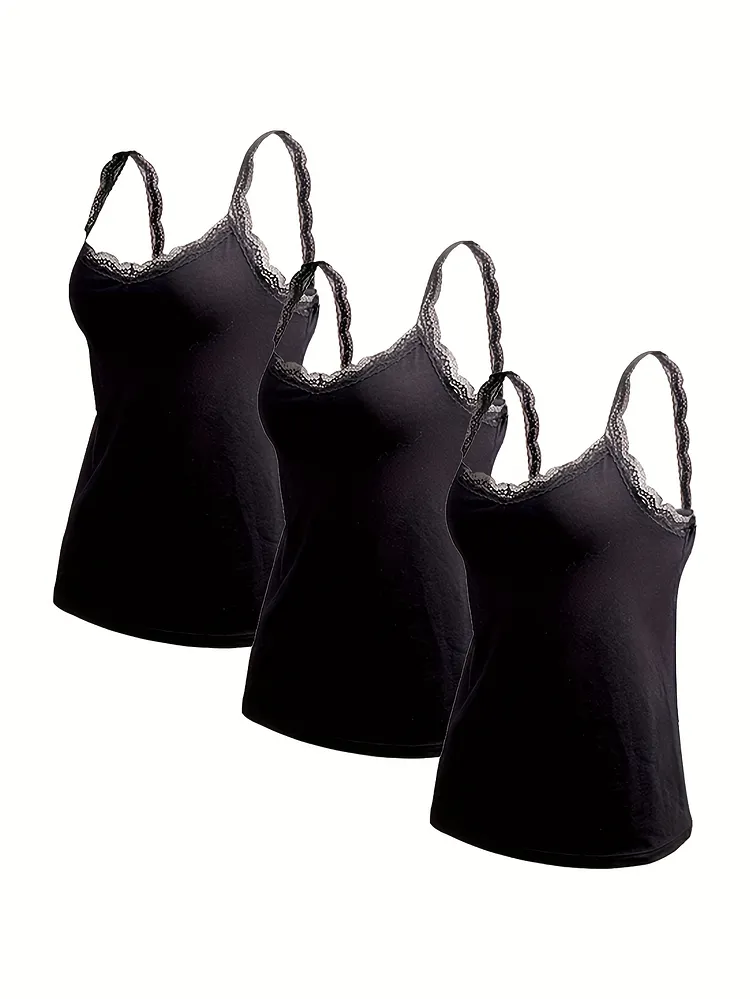 3pcs Womens Elegant Camisole Tops With Contrast Lace Trim Breathable Stretchy Knit
