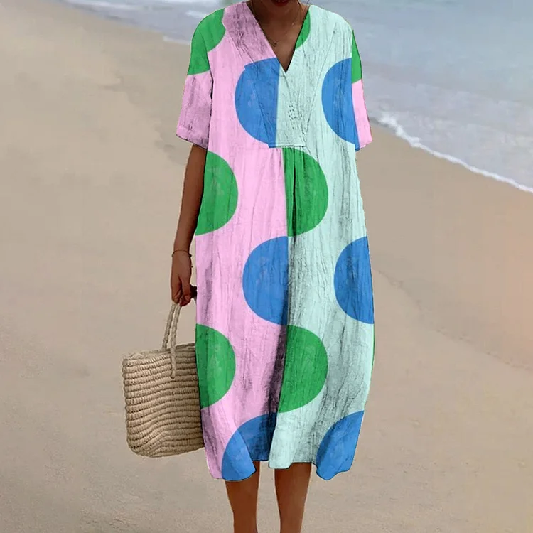 Women's Round Colorblock Print Flowy Linen Dress