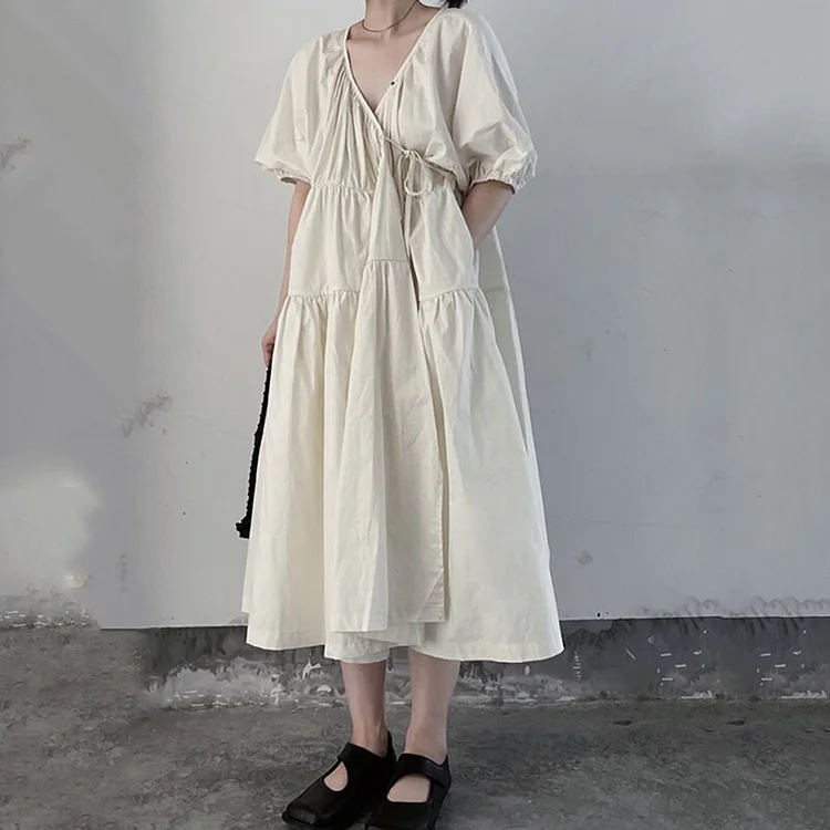 Temperament Loose Solid Color V-neck Lacing Folds Puff Sleeve Dress 