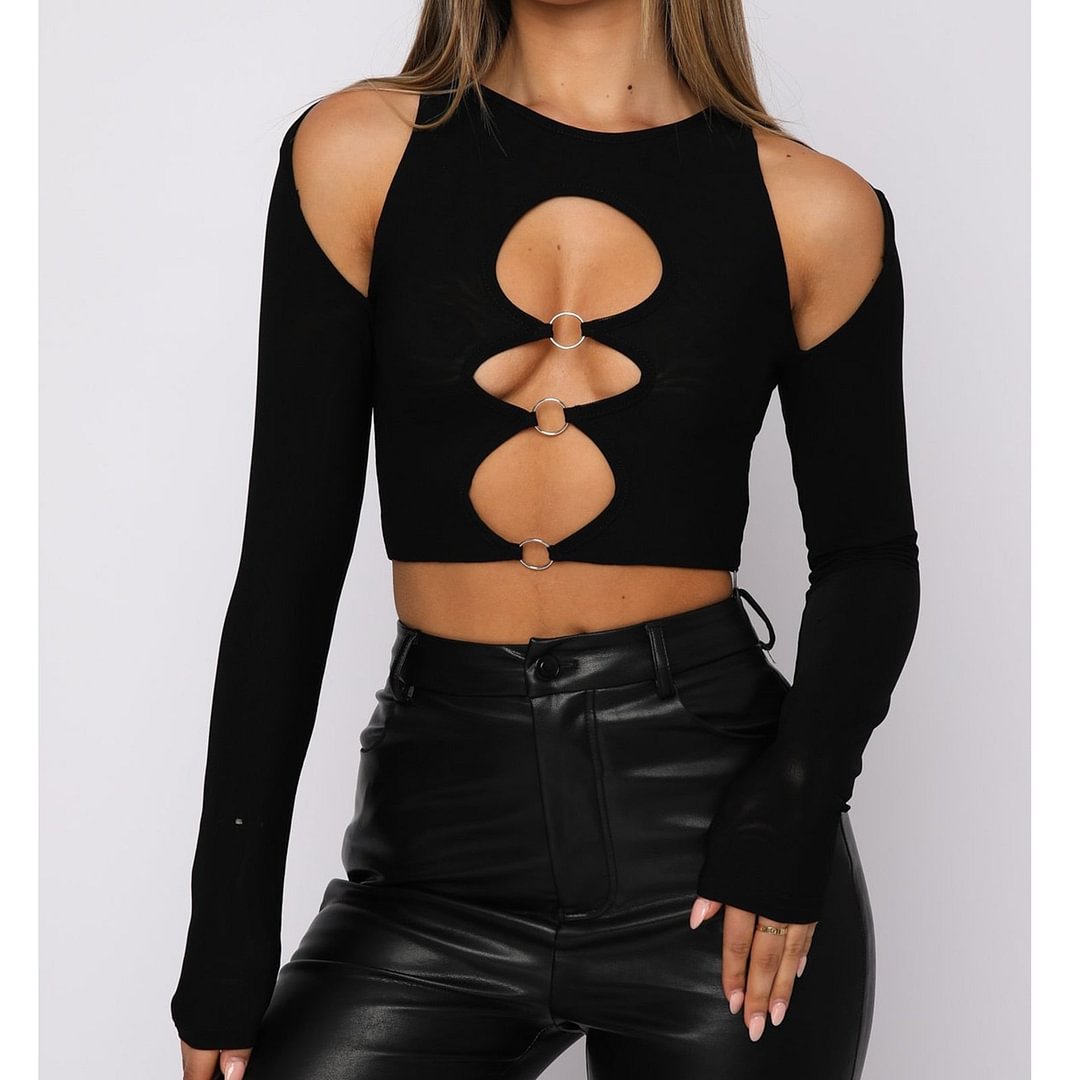 wsevypo Women Cutout Crop Tops Solid Color T-shirt Sexy Long Sleeve Round Neck Hollow Out Tees with Rings Streetwear Pullovers