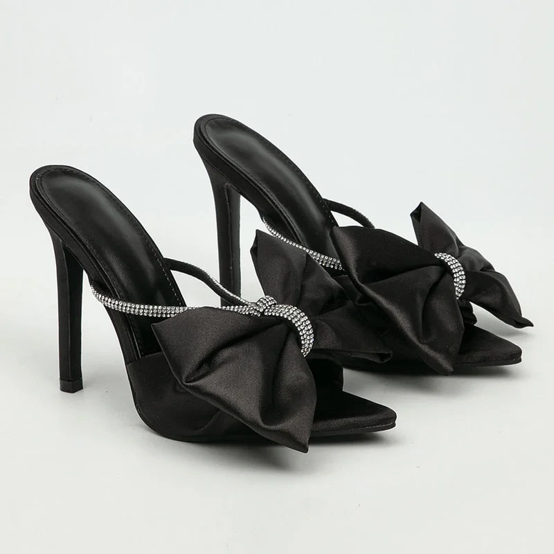  Bladauren Women Slippers Stain Butterfly-Knot Crystal Fashion Sandals Female Retro Pointed Toe Stiletto High Heels Sliddes