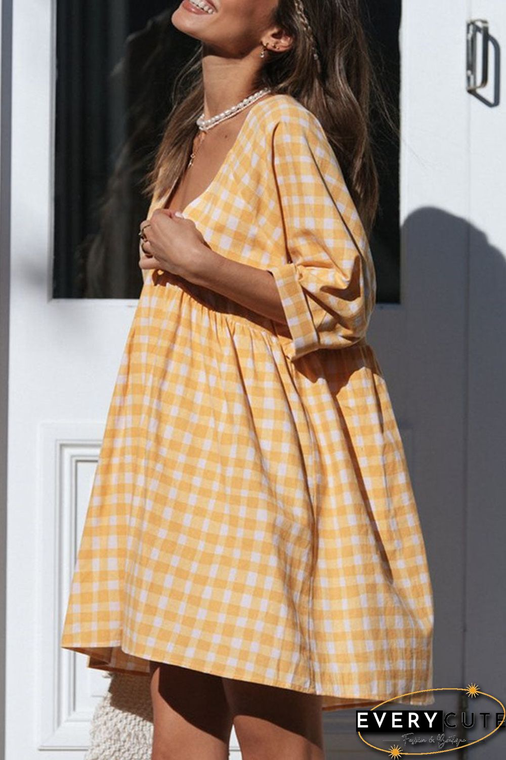 Fashion Casual Plaid Split Joint V Neck Princess Dresses