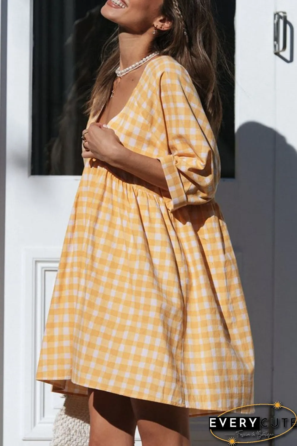 Fashion Casual Plaid Split Joint V Neck Princess Dresses