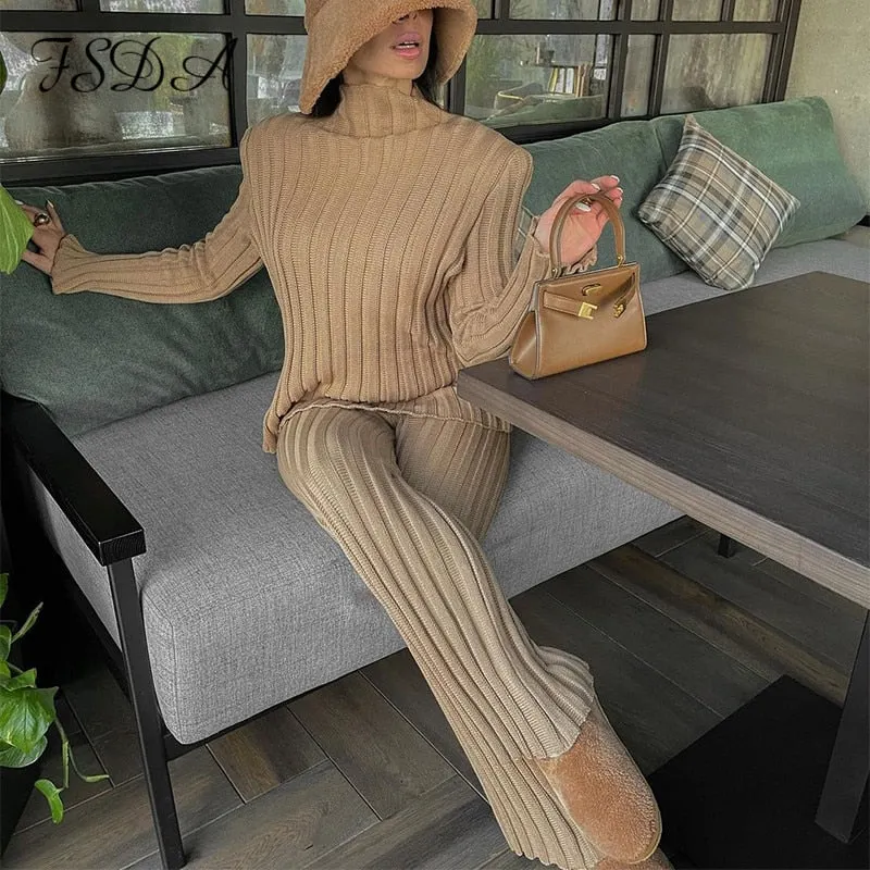 FSDA 2021 Autumn Winter Long Sleeve Sweater Top Green And Pants Knitted Casual Women Two Piece Set Khaki Fashion Suit