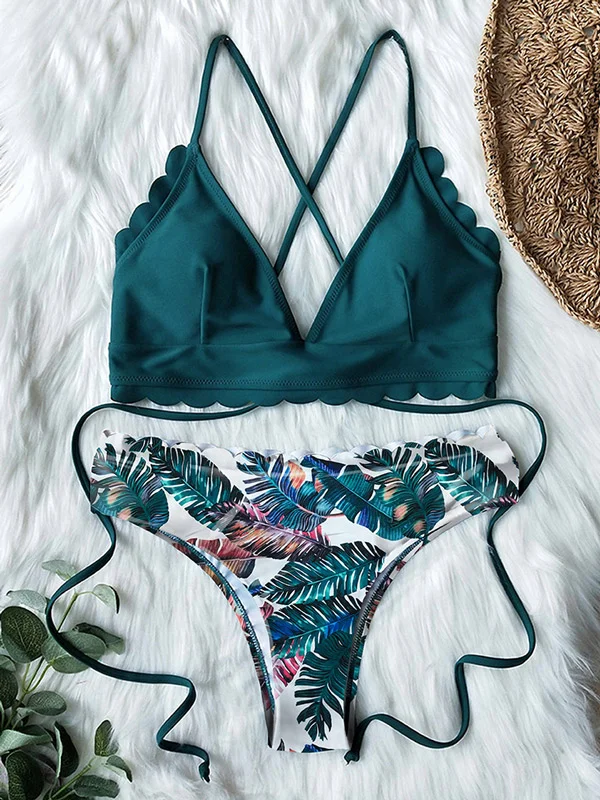 Spaghetti-Neck Lace-Up Bandage Bralette Floral Hipster Bikini Swimwear