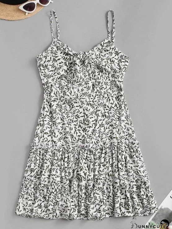 Ditsy Leaf Knotted Cami Flounce Dress