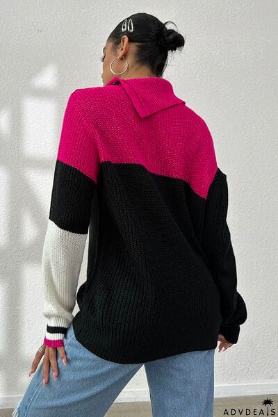 Contrast Buttoned Cutout Long Sleeve Sweater