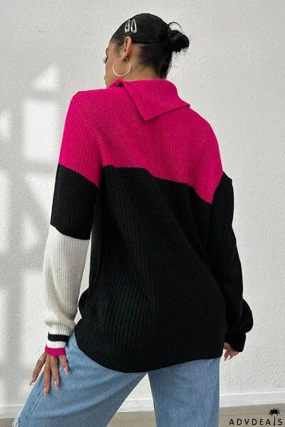Contrast Buttoned Cutout Long Sleeve Sweater
