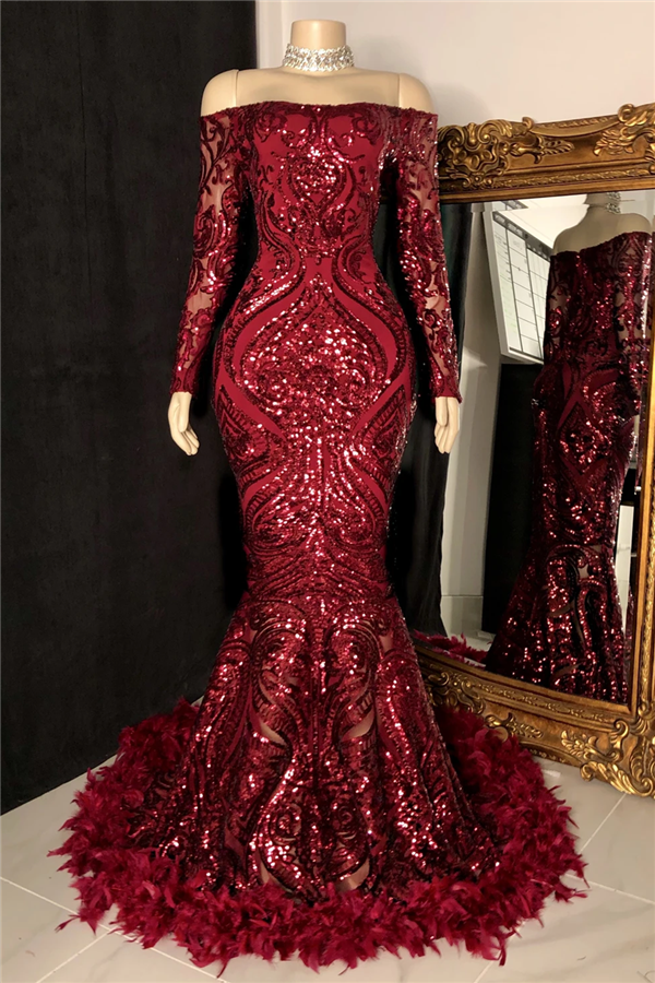 Dresseswow Burgundy Long Sleeves Sequins Prom Dress Mermaid Party Gowns With Feather