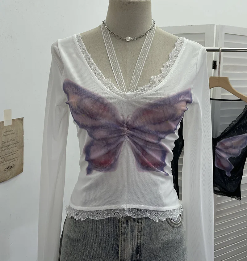 Nigikala Nigikala Shot Micro-Permeable Mesh Butterfly Print Splicing Lace Hanging Neck Horn Long-Sleeved T-Shirt Repair Short Top 1286