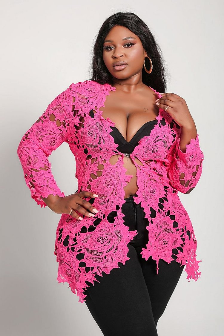 Xpluswear Design Plus Size Daily Barbie Pink Guipure Hollow Out Long Sleeves Lace Blouse